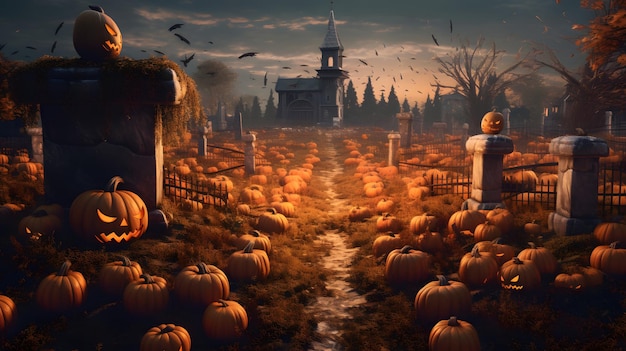 Halloweenowy cmentarz z dyniami wygenerowanymi przez sztuczną inteligencję