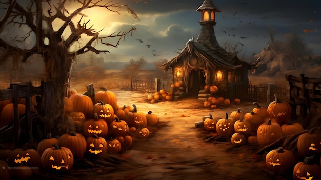 Halloweenowy cmentarz z dyniami wygenerowanymi przez sztuczną inteligencję