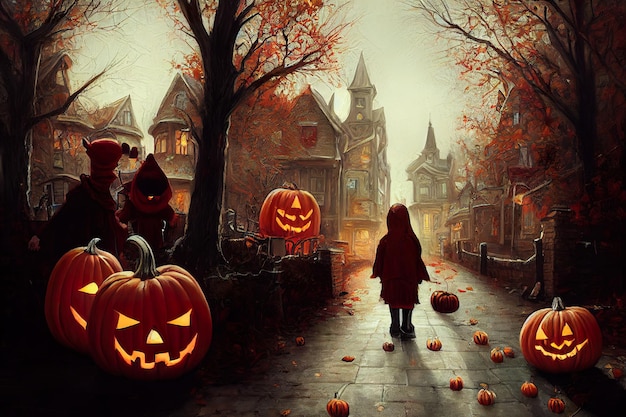 Halloweenowy cukierek lub psikus na ilustracji koncepcyjnej ulicy