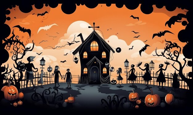 halloweenowy dom i tłumy z duchami przed nim