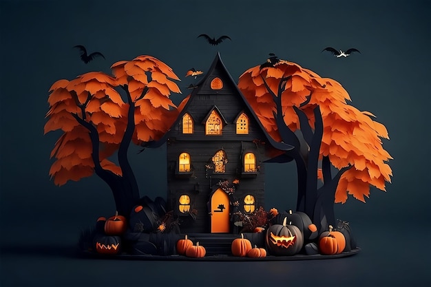halloweenowy dom z drzewem z dyniami ciemne tło papieru styl sztuki ai generowany