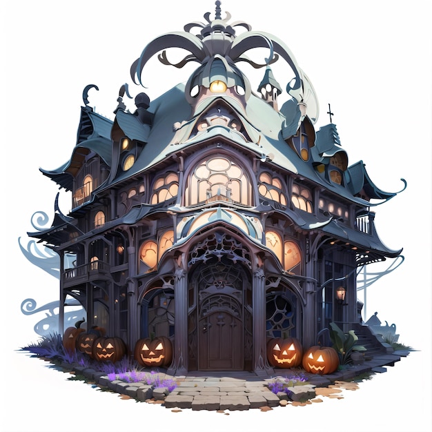 Halloweenowy dom z dyniami na przodzie
