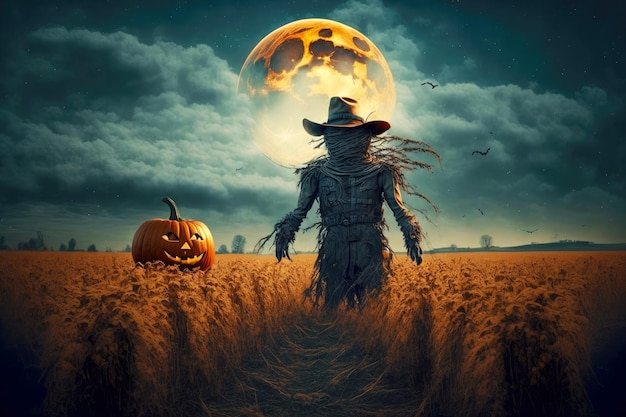 Halloweenowy dyniowy strach na wróble na szerokim polu z księżycem w straszną noc