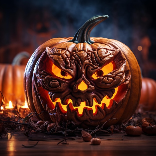 Halloweenowy dyniowy uśmiech i przerażające oczy na wieczorną imprezę Zbliżenie na przerażającą dynię Halloween