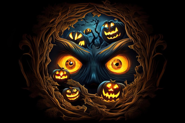 Halloweenowy dzień oczy Jack O' Lanterns sztuczka lub leczenie Samhain All Hallows' Eve Wszystkich Świętych All Hallowe'en upiorny Horror Duch Demon tło 31 października