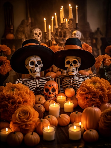Halloweenowy dzień świąteczny zmarłej upiornej atmosfery wysokie kapelusze rzeźbione dynie płonące świeczki pomarańczowe
