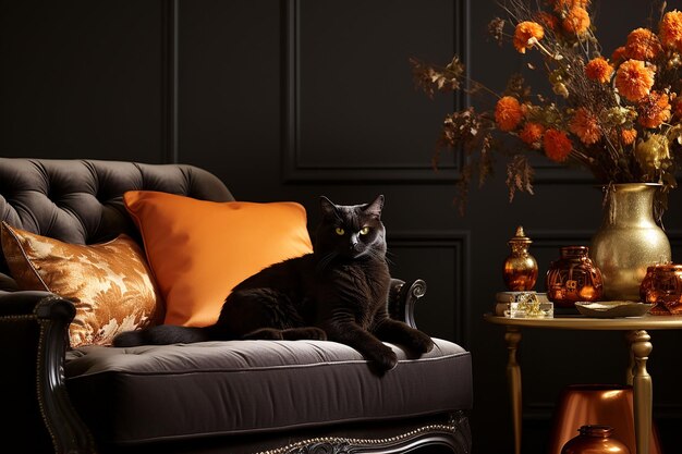 Halloweenowy klasyczny czarny kot z przerażającymi świeczkami dyniowymi zapalającymi się na ciemnym tle
