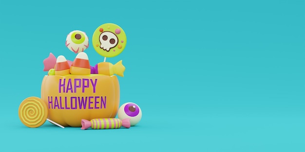 Halloweenowy kosz dyniowy pełen kolorowych cukierków i słodyczy tradycyjne październikowe wakacje renderowania 3d