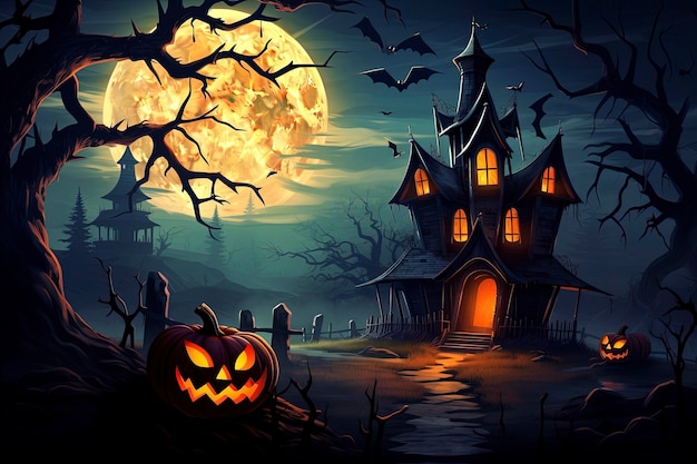 Zdjęcie halloweenowy nawiedzony dom i pełnia księżyca