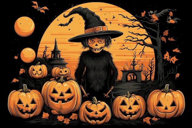 Halloweenowy plakat inspirowany stylem retro z kultowymi elementami