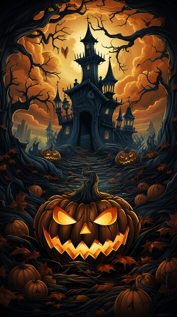 Halloweenowy plakat wśrodku mistycznego starego domu przy nocą z upiorną dynią jack o'lantern przeciw