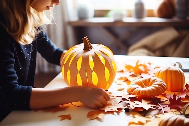 Zdjęcie halloweenowy symbol w papierowej małej dziewczynce diy latarnia