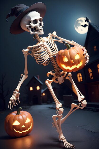 Halloweenowy szkielet przed nawiedzonym domem