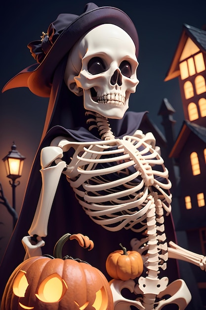 Halloweenowy szkielet przed nawiedzonym domem