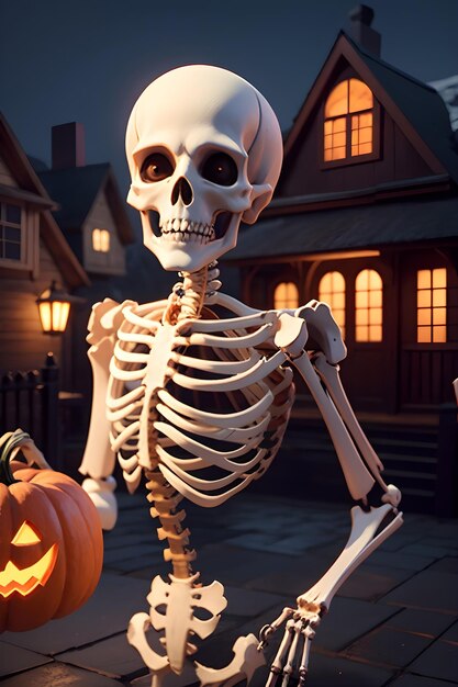 Halloweenowy szkielet przed nawiedzonym domem