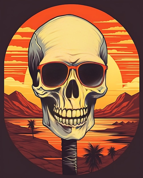 Halloweenowy szkielet vintage zachód słońca Ilustracja Retro kolor tła 2D