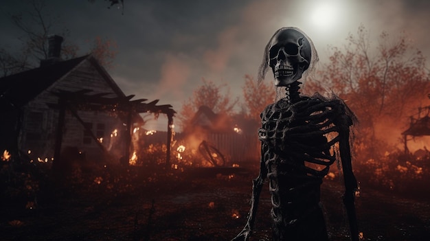 Halloweenowy szkielet zombie obudzony na nawiedzonym cmentarzu w starym domu Horror, straszne, przerażające tło