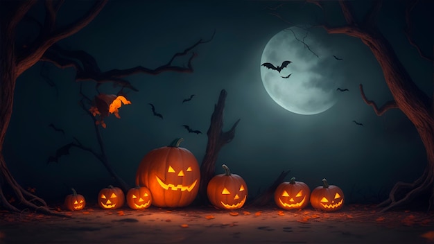 Halloweenowy tło z dyniowymi nietoperzami i księżyc w pełni