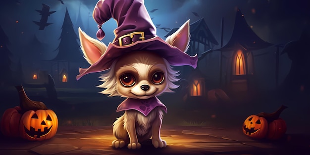Zdjęcie halloweenowy tło z ślicznym małym psem w kapeluszu witch039s i dyni chihuahua