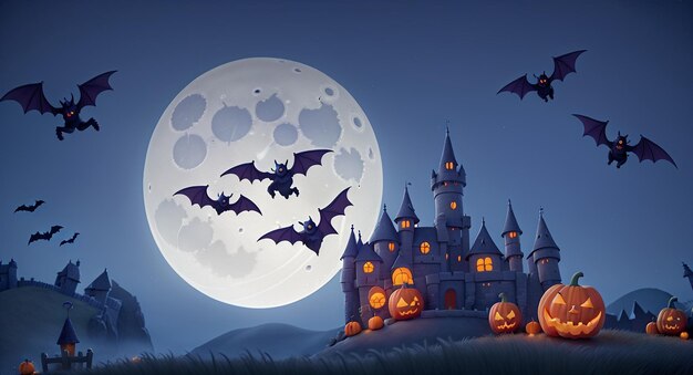 Halloweenowy Zamek Nocny Księżyc Tło świecące dynie i nietoperze Latające