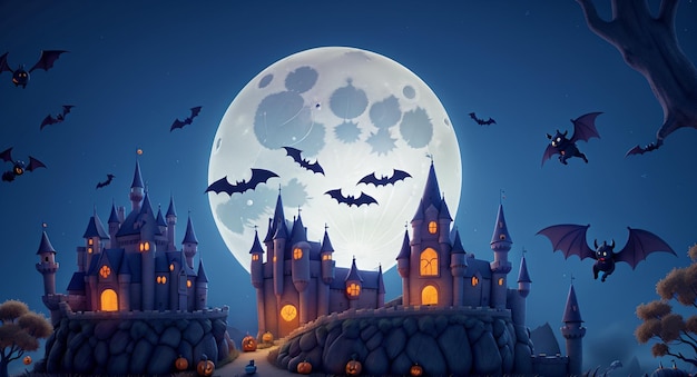 Halloweenowy Zamek Nocny Księżyc Tło świecące dynie i nietoperze Latające
