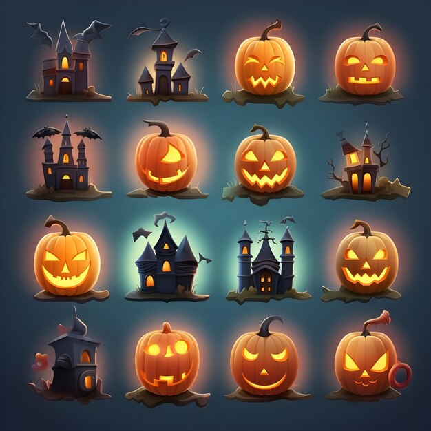 Halloweenowy zestaw duchów dyni nawiedzonych domów nietoperzy i zamku na jednolitym tle