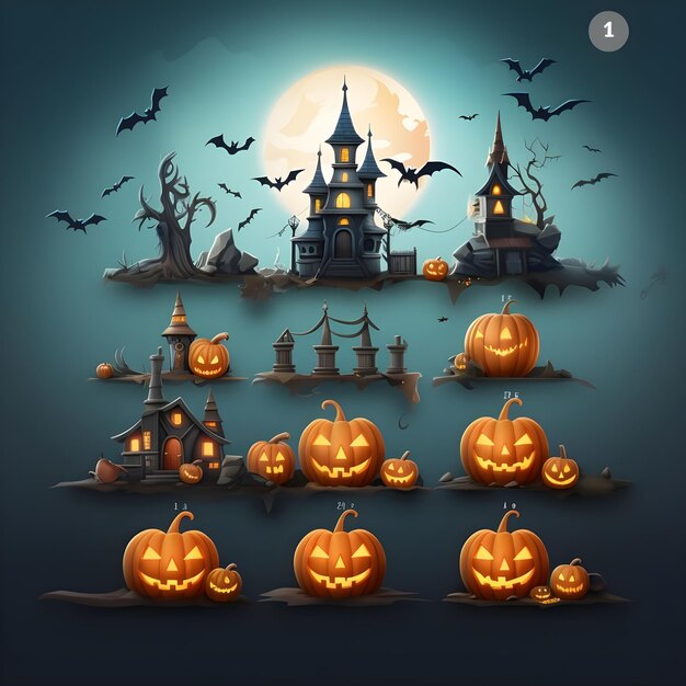 Halloweenowy zestaw duchów dyni nawiedzonych domów nietoperzy i zamku na jednolitym tle