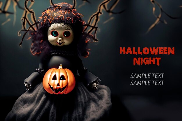 Halloweentypowe tło z opętaną lalką przerażające krajobrazy i przestrzeń dla tekstu
