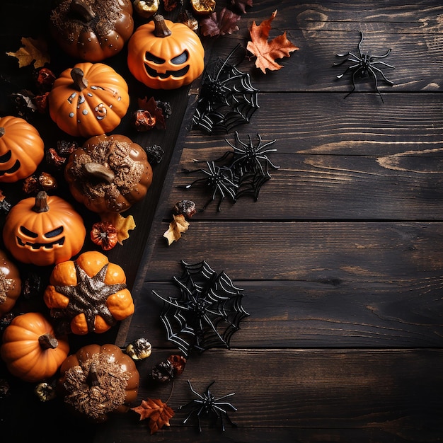 Hallowen tło z wiejskimi deskami ciasteczka liście i pająki widok górny dekoracje Halloween