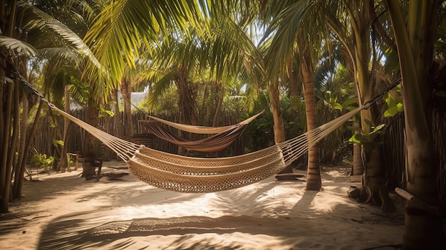 Hamak w cieniu palm letnich tropikalnych wakacji generowany przez sztuczną inteligencję
