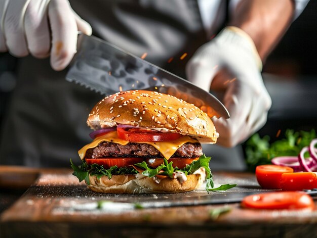 hamburger cięty nożem w kuchni