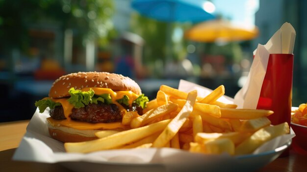 Hamburger i frytki na stole w kawiarni fast food