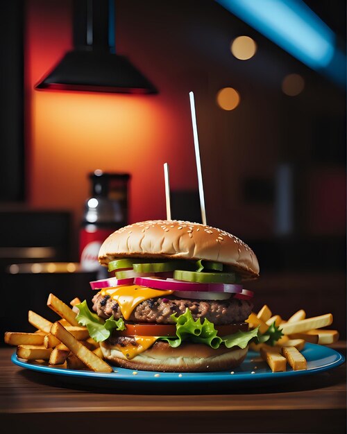 Zdjęcie hamburger i frytki na stole