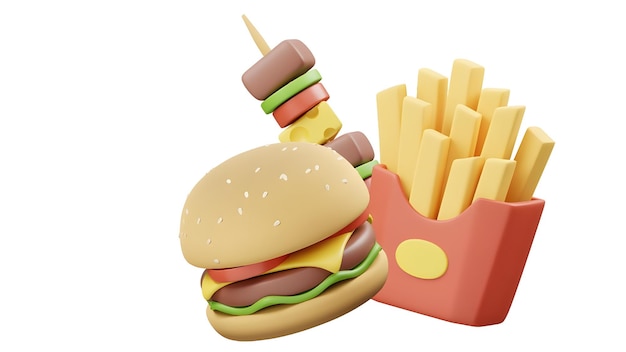 hamburger i frytki są pokazane z pudełkiem frytków