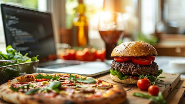 Zdjęcie hamburger i kawałek pizzy umieszczony obok laptopa na nowoczesnym