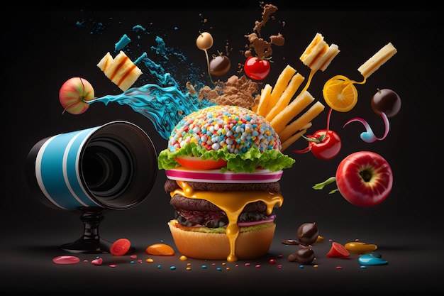 Hamburger jest otoczony sprayem jedzenia i wiadrem jedzenia.