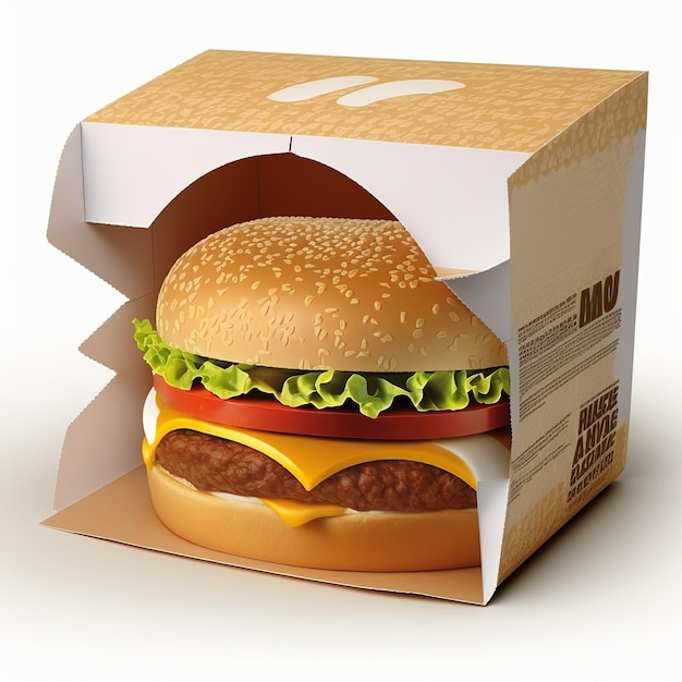 Hamburger jest otwarty na pudełko z otwartą pokrywą.