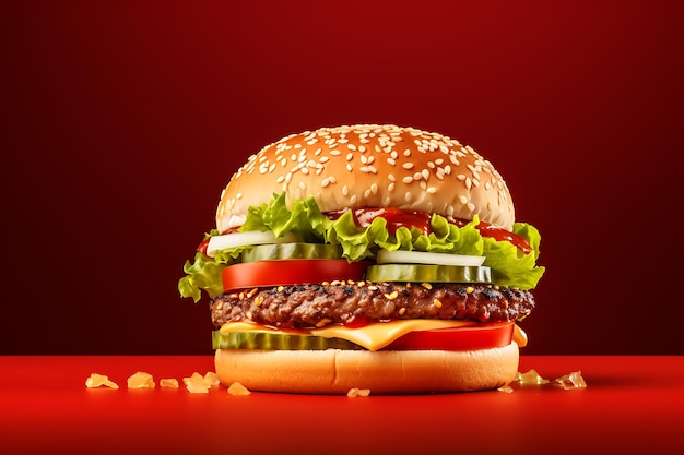 Hamburger na czerwonym tle 3D Rendering