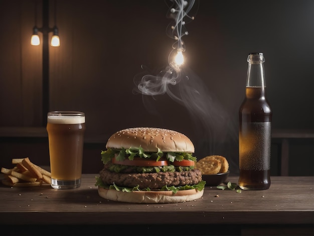 Hamburger na drewnianej desce z piwem Generatywna sztuczna inteligencja