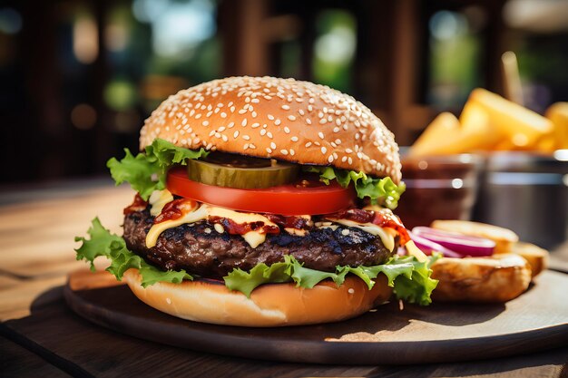 Hamburger na drewnianym stole z niewyraźnym tłem restauracji