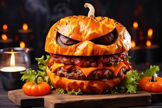 Hamburger w kształcie latarni z dyni Halloween hamburger Świąteczny posiłek Latarnia z dyni