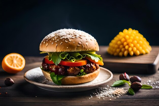 hamburger z bułką i pęczkiem kukurydzy