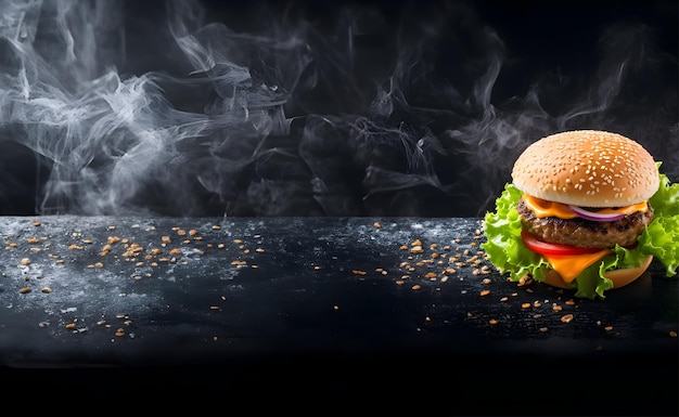 Zdjęcie hamburger z dymem z wołowiną pomidorem sałatką ser czarnym tłem z miejscem dla tekstu