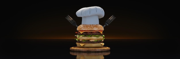 Hamburger Z Kucharzem Kapelusz. Renderowanie 3d