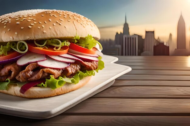 Hamburger z miastem w tle