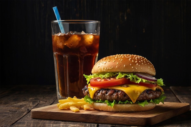 hamburger z napojem i szklanką napoju gazowanego