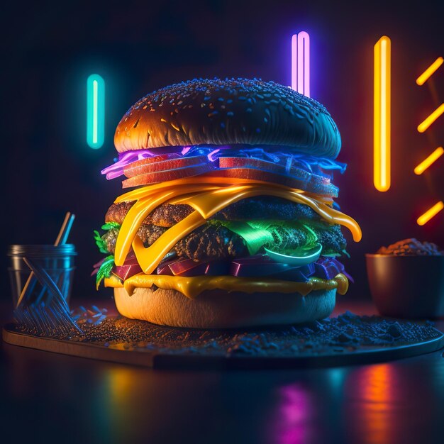 Hamburger z neonowym światłem za nim.