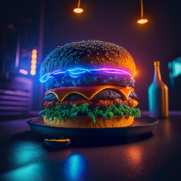 Hamburger z neonowymi światłami leży na stole.