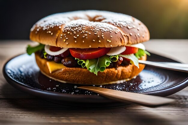 Hamburger z nożem i widelcem na talerzu.