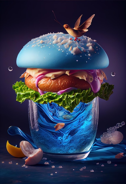 Hamburger z ptakiem i niebieskim płynem w tle.